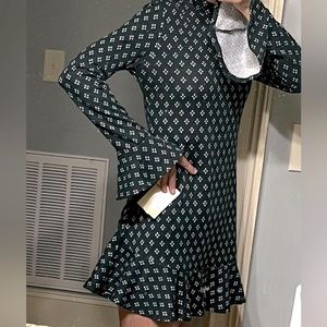 70s Retro Look Bell Sleeve Flared Hem Dress Long Sleeve Knit Green Floral Small